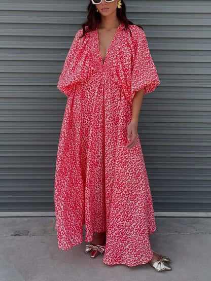 Casual Luipaardprint Diepe V-Hals Maxi Jurk