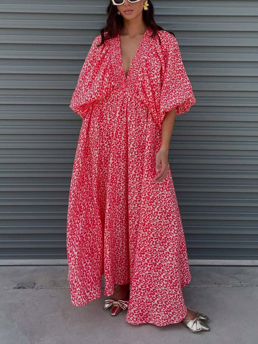 Casual Luipaardprint Diepe V-Hals Maxi Jurk
