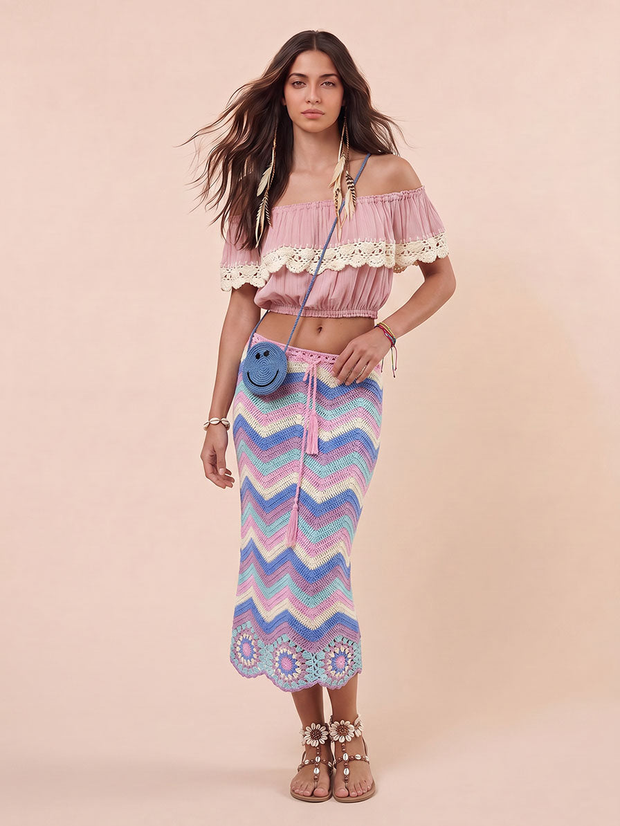 Bohemian Ruffle Crop Top & Haak Herringbone Rok Twee-Delige Set