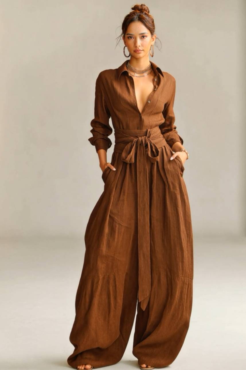 Minimalistische Shirt En Vetersluiting Wijde Broek Set