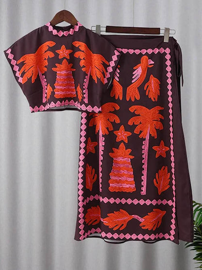 Modieuze Elegante Hoge Taille Gedrukte Korte Mouwen Top en Rok Set