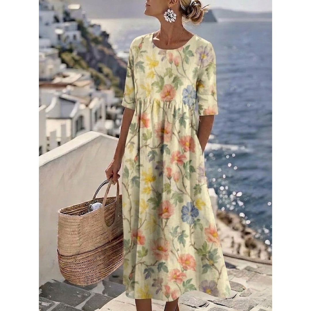 Angela | Elegante Midi Jurk met Bloemen voor de Zomer