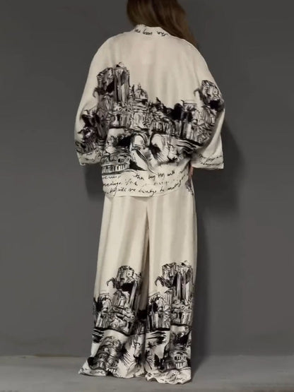Architecturale Print Satijnen Shirt En Broek Twee-Delige Set