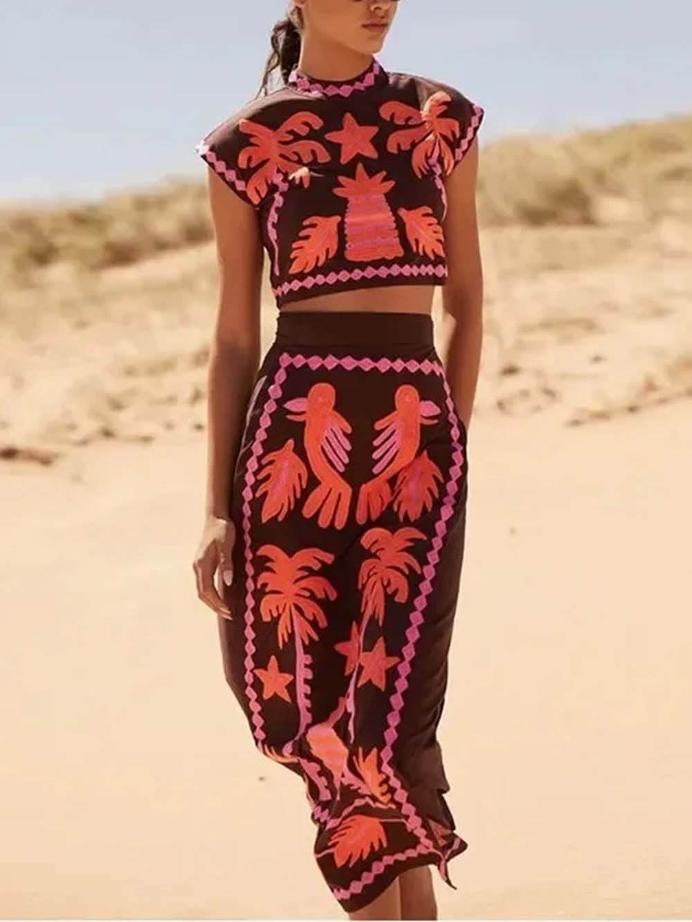 Modieuze Elegante Hoge Taille Gedrukte Korte Mouwen Top en Rok Set