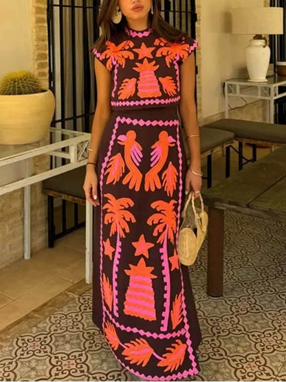 Modieuze, elegante top en rok met hoge taille, print en korte mouwen