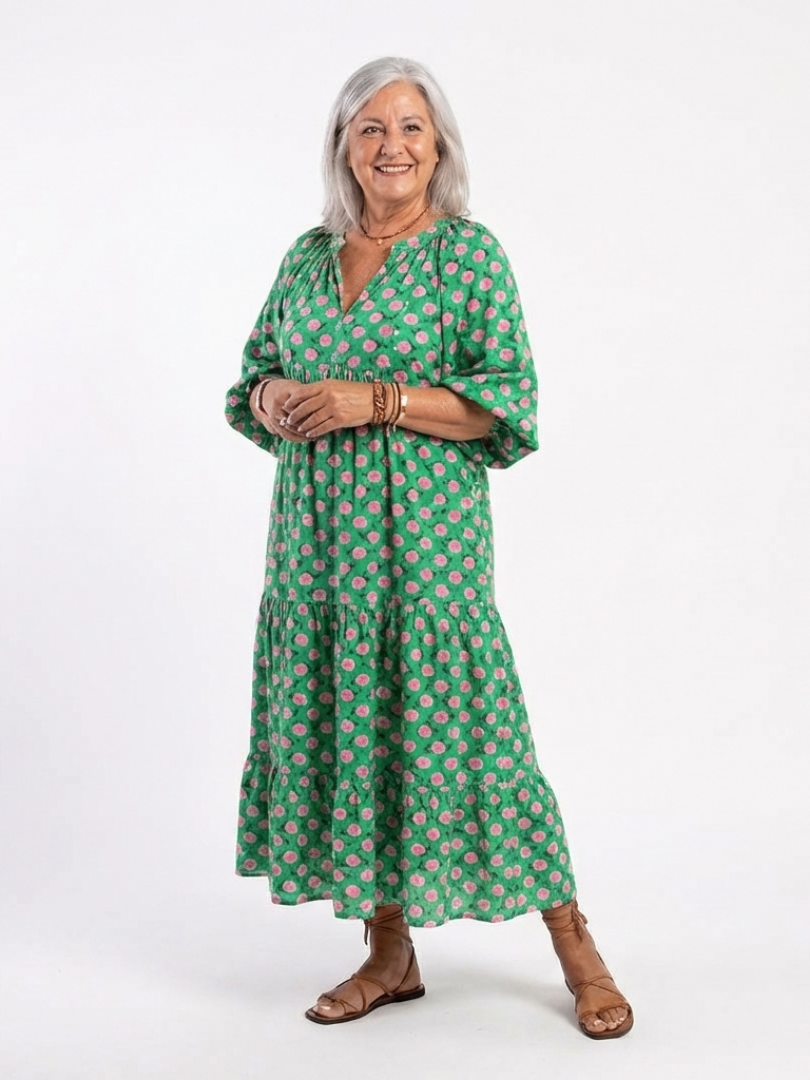 Fiora | Bloemenprint V-hals Lagen Midi Jurk