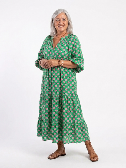 Fiora | Bloemenprint V-hals Lagen Midi Jurk