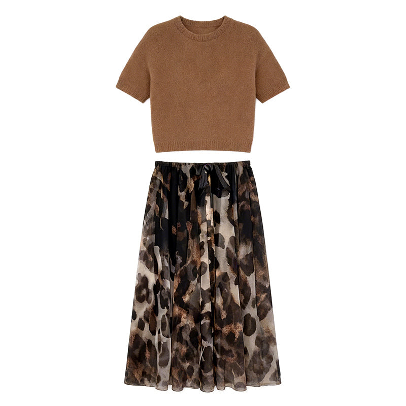 ✨Tweedelige set voor dames, bestaande uit een trui en een soepelvallende rok met luipaardprint