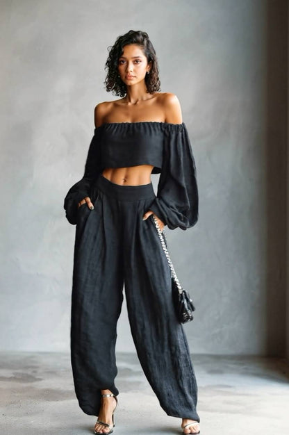 Off-Shoulder Korte Top En Brede Pantalon Set