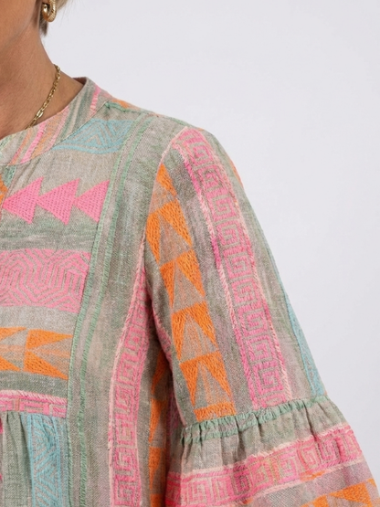 Maelle | Geometrische Print V-hals Stufenjurk in Knielengte