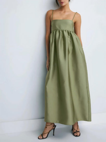 Minimalistische Olijfgroene Babydoll Maxi Jurk