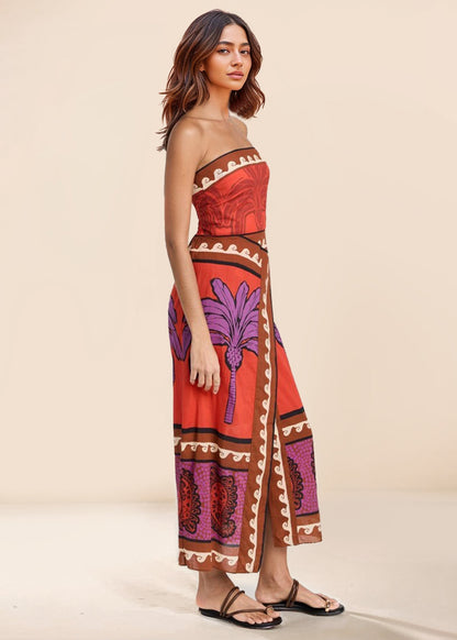 Unieke Palmboom Bloemen Off-Shoulder Midi Jurk