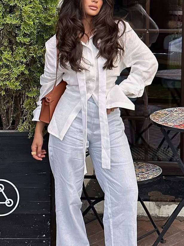 Minimalistische Staande Kraag Riem Rug Lace-up Shirt en Brede Pantalon Set-Shirt
