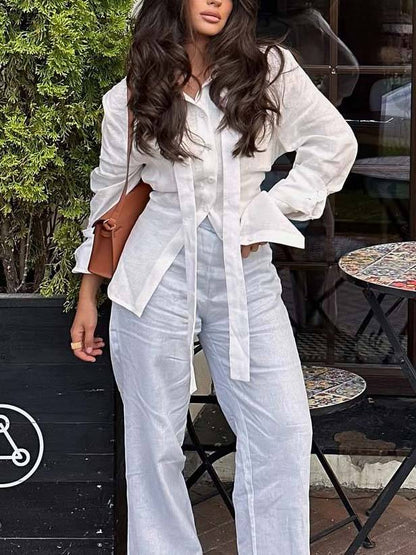 Minimalistische Staande Kraag Riem Rug Lace-up Shirt en Brede Pantalon Set-Shirt