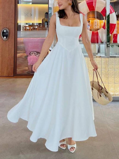 Elegante Sling Vierkante Hals Grote Swing Midi Jurk