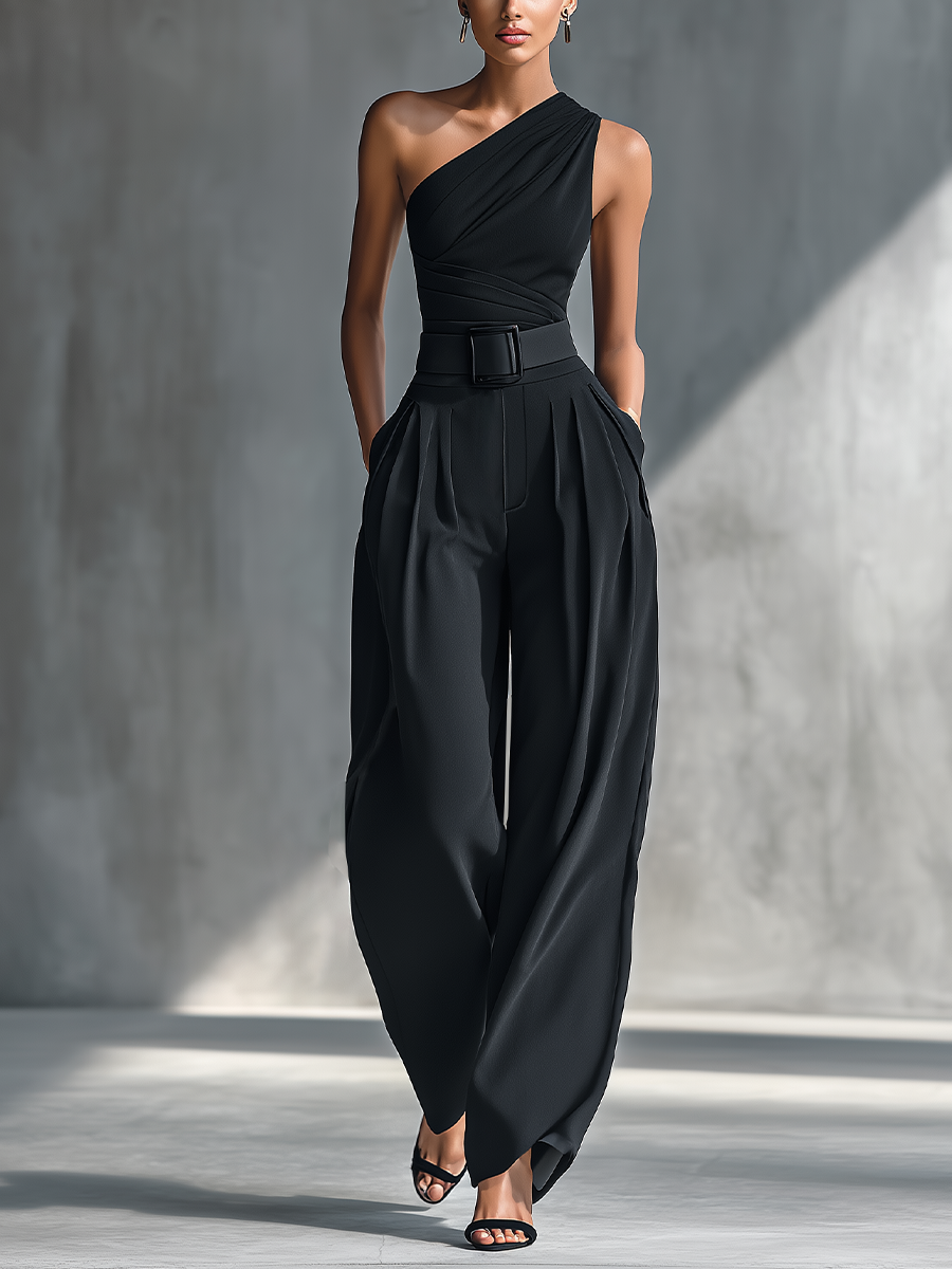 Dames Zwarte Hoog-elastische Gebreide Top en Acetaat Wijde Broek MDZ1068B3T