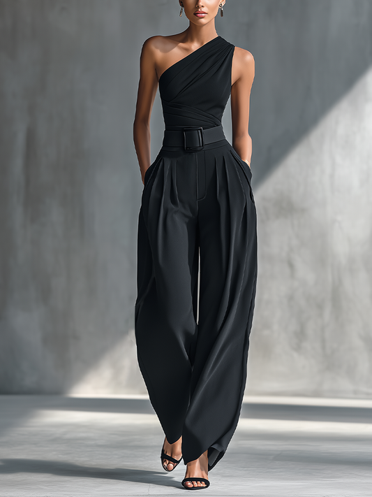 Dames Zwarte Hoog-elastische Gebreide Top en Acetaat Wijde Broek MDZ1068B3T