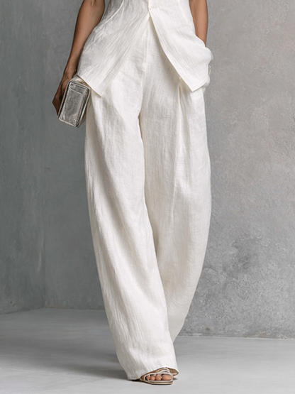 Elegante Witte Katoenlinnen Mouwloze Top en Brede Pantalon Set MDZ0221B1BA