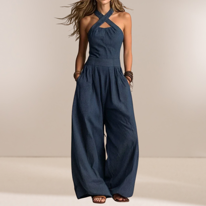 Bianca | Oceaanblauwe Crossover Linnen Jumpsuit