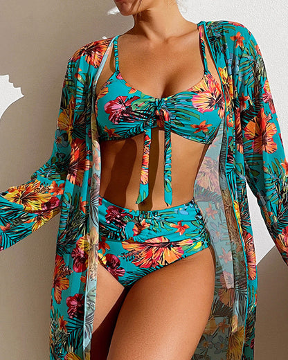Tropische 3-delige bikiniset met kimono