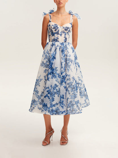 Tedere bloemen midi jurk met strikbandjes