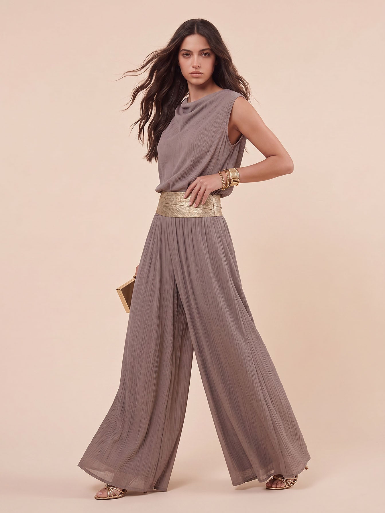 Casual Mouwloos Top & Gouden Riem Vloeiende Wijde Broek Twee-Delige Set