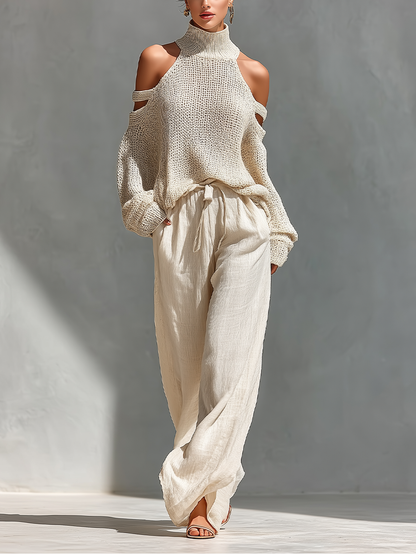 Dames Beige Gebreide Katoen Koud-Schouder Turtleneck Top & Brede Pantalon Set MDZ0984A5T