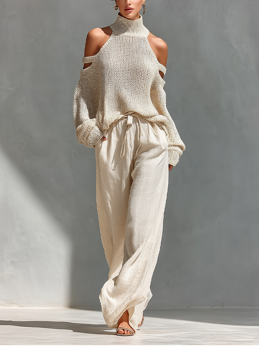 Dames Beige Gebreide Katoen Koud-Schouder Turtleneck Top & Brede Pantalon Set MDZ0984A5T