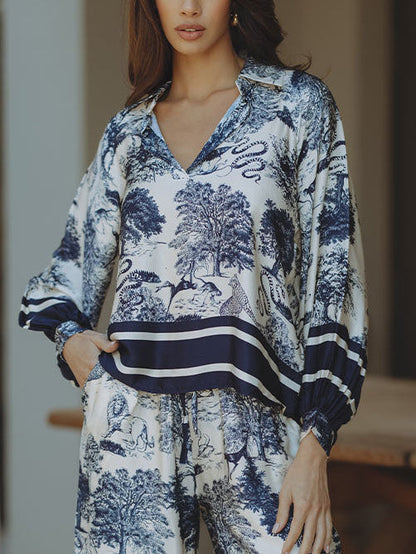Satin Jungle Bloemenprint Losse Lange Mouwen Top