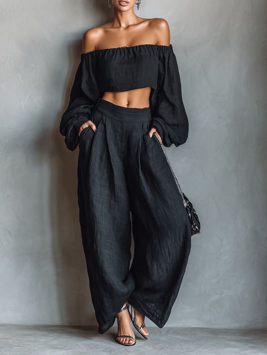Dames Minimalistische Linnenmix Strapless Lange Mouw Blouse en Wijde Broek Set MDA1900L7Y