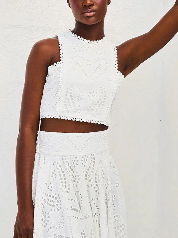 Exquise Mouwloze Geborduurde Hollow Lace Top