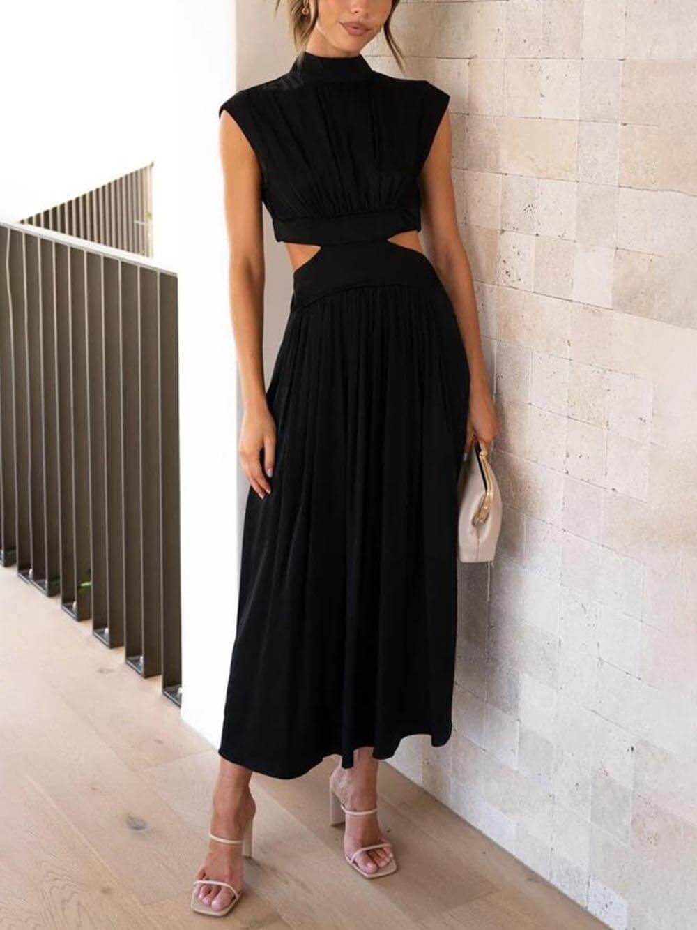 Cut-out Taille Pocketed Vakantie Midi Jurk