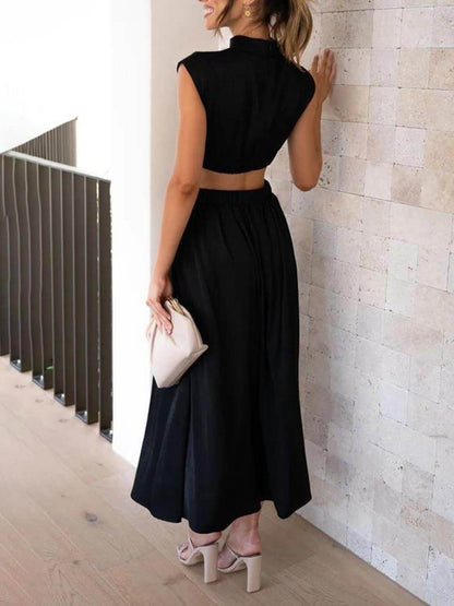 Cut-out Taille Pocketed Vakantie Midi Jurk