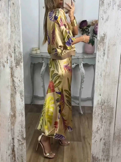 Retro Papegaai En Palmblad Print Twee-Piece Set