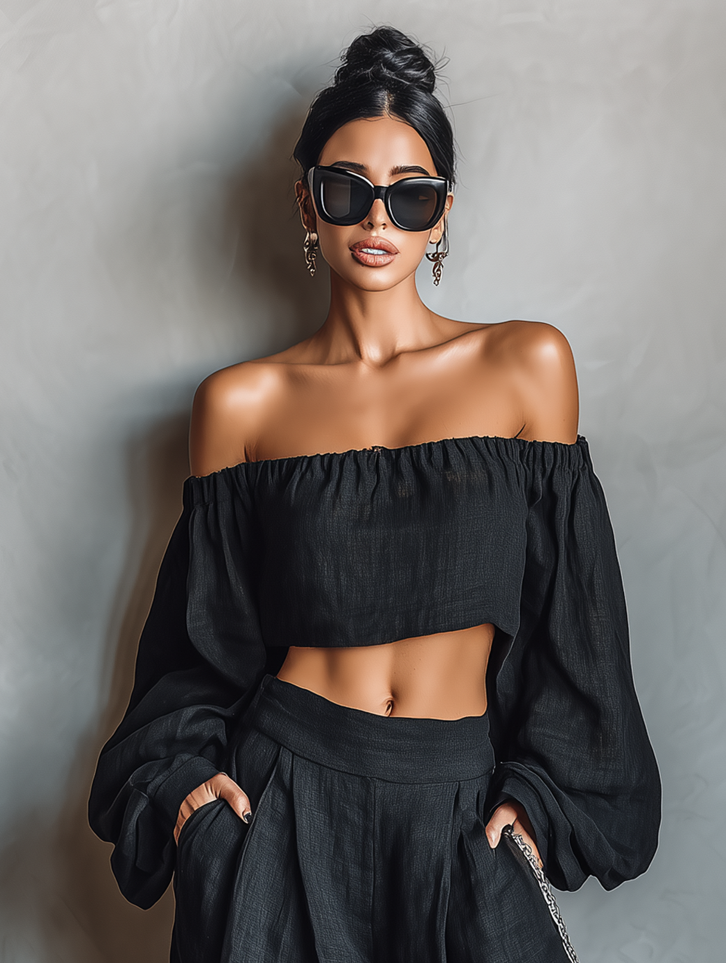 Dames Minimalistische Linnenmix Strapless Lange Mouw Blouse en Wijde Broek Set MDA1900L7Y