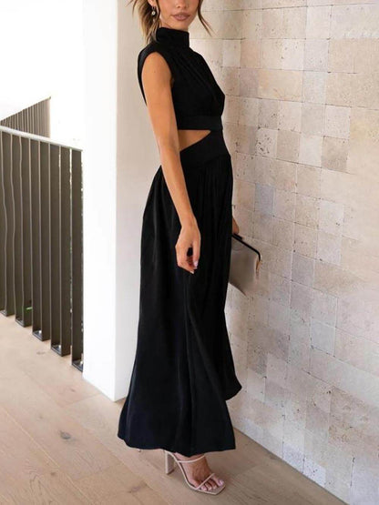 Cut-out Taille Pocketed Vakantie Midi Jurk