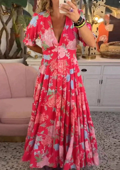 💃Loszittende lange jurk met V-hals en bloemenprint