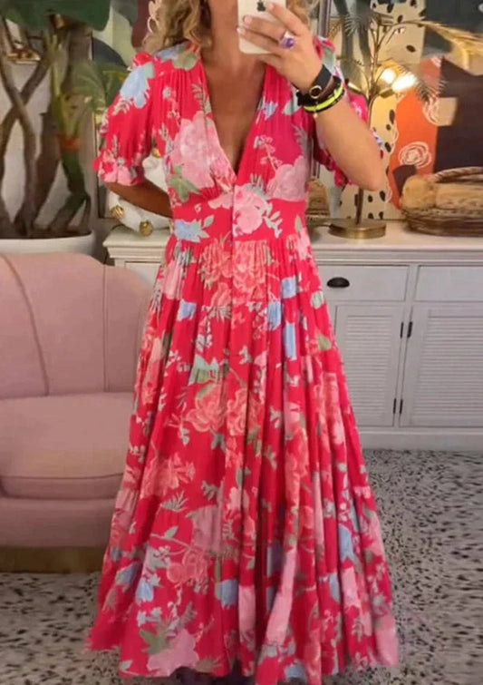 💃Loszittende lange jurk met V-hals en bloemenprint