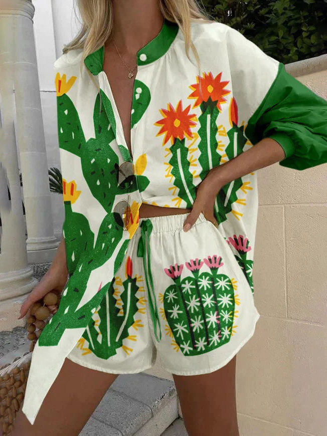 Unieke Persoonlijkheid Tropische Cactus Print Shorts Twee-delige Set