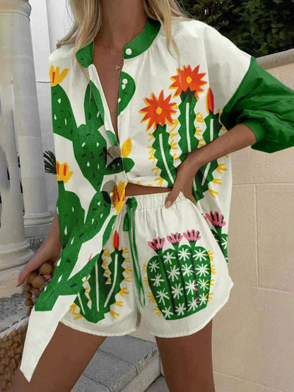 Unieke Persoonlijkheid Tropische Cactus Print Shorts Twee-delige Set
