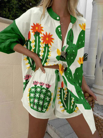 Unieke Persoonlijkheid Tropische Cactus Print Shorts Twee-delige Set