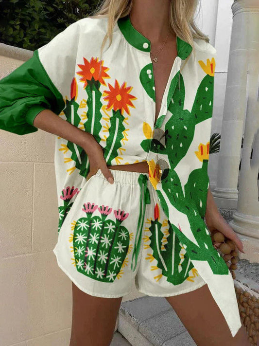 Unieke Persoonlijkheid Tropische Cactus Print Shorts Twee-delige Set