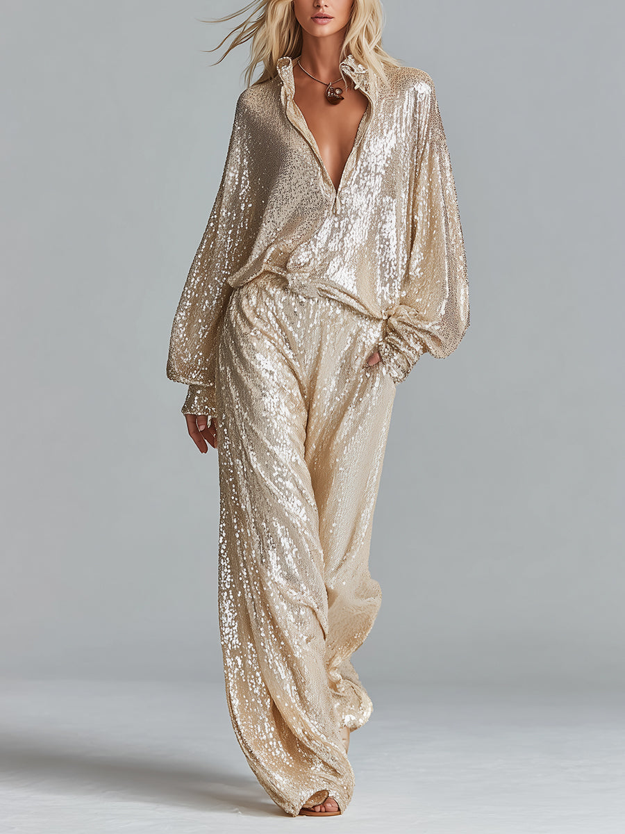 Dames Gouden Glamoureuze Pailletten Kraag Halve Rits Brede Pijp Loungewear Feestset MDA2425I0I