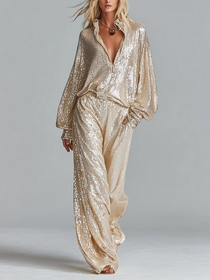 Dames Gouden Glamoureuze Pailletten Kraag Halve Rits Brede Pijp Loungewear Feestset MDA2425I0I