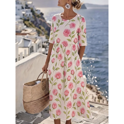 Noelia | Elegante Midi Jurk met Bloemen voor de Zomer