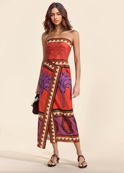Unieke Palmboom Bloemen Off-Shoulder Midi Jurk