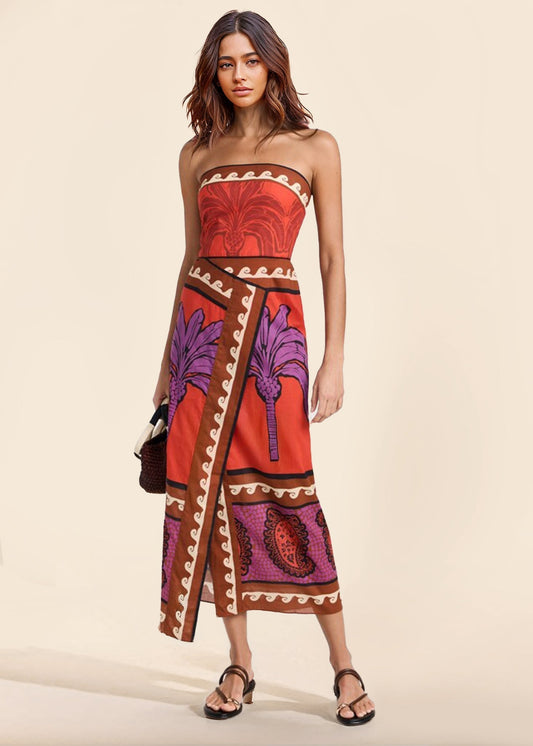 Unieke Palmboom Bloemen Off-Shoulder Midi Jurk