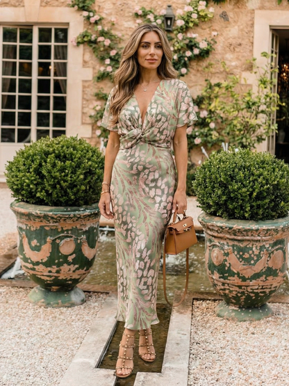 Coralie | Abstracte print Midi-jurk met V-hals en getailleerde taille
