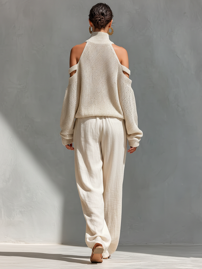 Dames Beige Gebreide Katoen Koud-Schouder Turtleneck Top & Brede Pantalon Set MDZ0984A5T