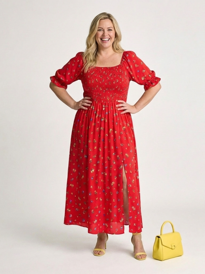 Delphine | Midi-jurk met vierkante halslijn en bloemenpatroon
